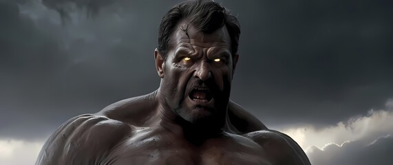 Obraz premium Oilpainting of Goliath his imposing and cruel face captured in muted browns and grays the faint glimmer of a storm brewing behind him