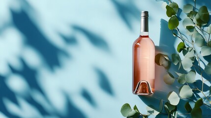 Spring holiday table setting with bottle of rose wine on blue background with eucalyptus leaves and shadows.