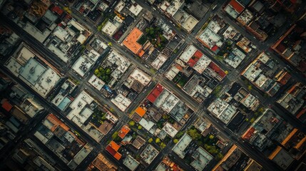 Fototapeta premium Aerial view of colorful urban landscape with grid-like buildings, roads, diverse colors, scattered trees, and high vantage point perspective.