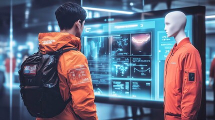 Futuristic Scene: Young Man in Orange Jacket in Front of Screen with Mannequin and Blurred Indoor Background.