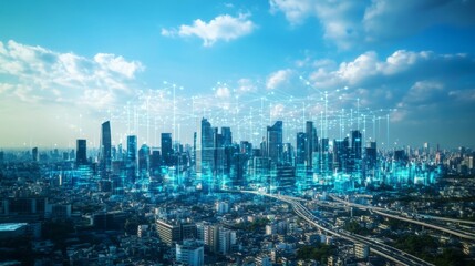 Cityscape Digital Illustration with Densely Populated Skyscrapers, Futuristic Network Pattern, Bird's Eye View