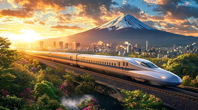 High-speed Shinkansen bullet train speeding through vibrant Japanese countryside towards Mount Fuji at sunset.