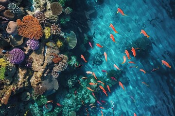 An underwater view showcases a diverse coral reef teeming with colorful fish swimming gracefully in serene, sunlit tropical waters.