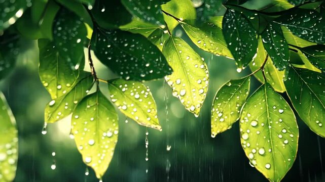 video of raindrops or dew on green leaves of plants, nature background, rain, tree, foliage, spring, garden, forest