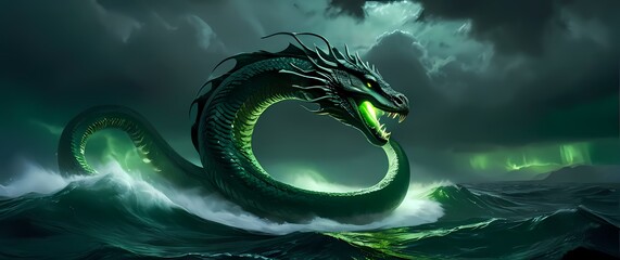 Oilpainting of J?rmungandr the Midgard Serpent coiling through a dark sea its scales gleaming in shades of green silver and ominous black beneath stormy skies