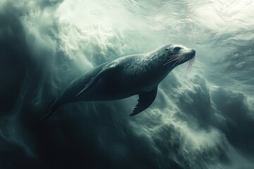 Obraz premium Solitary seal swimming in deep ocean waters