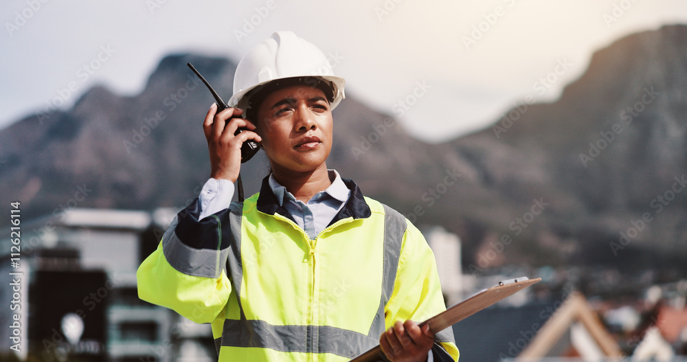 Poster Man, engineer and construction with checklist, radio and listening for development or project. Male person, clipboard and tech for communication, safety and infrastructure in industry or inspection