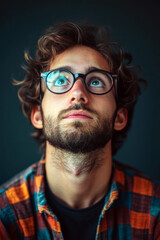 Fototapeta premium Young man with glasses looking up thoughtfully in a dimly lit environment