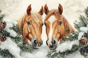 Two horses looking out from snowy pine branches with red berries during a snowfall