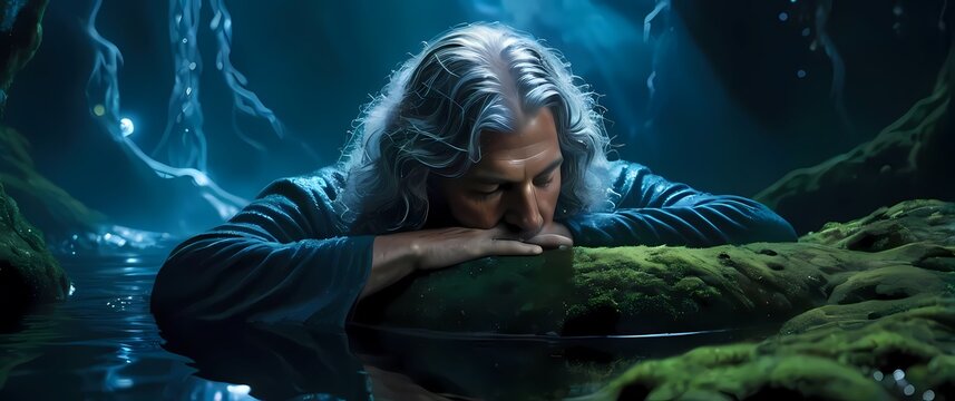 Oilpainting of Mimir the wise being his head resting by the Well of Wisdom surrounded by deep blues shimmering silver waters and dark green moss