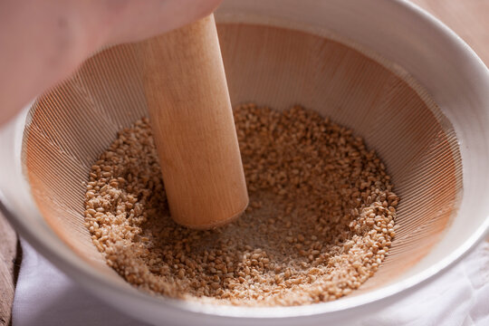 Sesame seeds in a mortar
