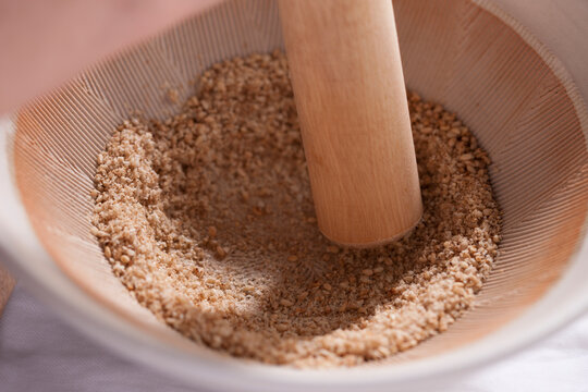 Sesame seeds in a mortar