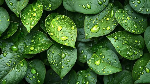 video of raindrops or dew on green leaves of plants, nature background, rain, tree, foliage, spring, garden, forest