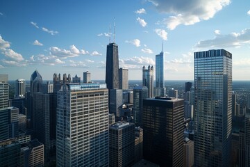 Obraz premium The skyline of downtown Chicago features a mix of modern and historic skyscrapers under a bright blue sky with scattered clouds in the afternoon.