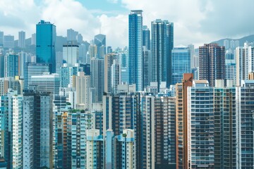 Obraz premium The skyline features a mix of tall, contemporary buildings under blue skies, emphasizing the bustling urban life and vibrant architecture in the city.