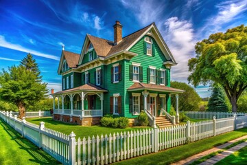 Dayton Illinois Historic House Aerial Photography - Wooden Exterior, Green Shutters, White Fence