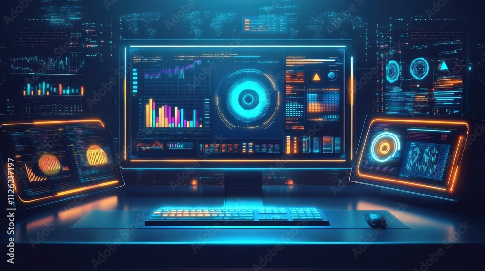 Poster futuristic workspace: glowing control hub with cutting-edge tools for comprehensive data analysis