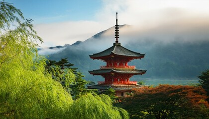 Serene landscape painting showcasing a vibrant japanese pagoda tower amidst misty mountains