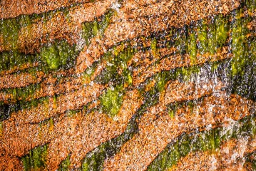 Texture of an orange rocky wall with water running down on it