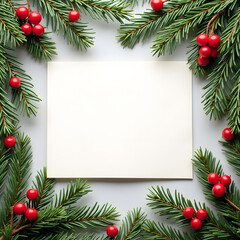 Festive card surrounded by evergreen branches and red berries on a light background.