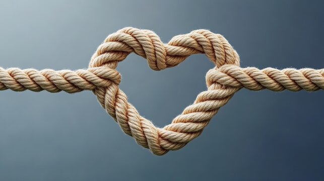 Rope is tied in a heart shape. The rope is tied in a knot and is tied in a way that it looks like a heart