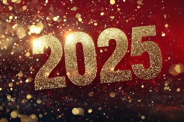 Goldener Glitzer Schriftzug 2025 auf rotem Hintergrund - Silvester, Neujahr 