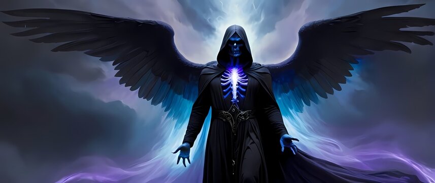 Oilpainting of Thanatos the winged god of death his dark robes flowing gently holding a fading soul painted in somber grays blacks and dim shades of purple and blue. 