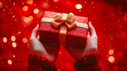 Fototapeta premium Festive abstract background with young woman's hand holding gift