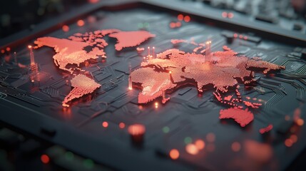 Obraz premium A world map with continents represented as interconnected digital circuits and data nodes, with glowing lines and pulsating energy fields, illustrating the future of global technology and data