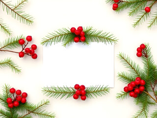 Festive card surrounded by evergreen branches and red berries on a light background.