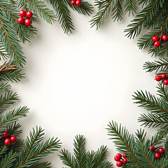 Festive card surrounded by evergreen branches and red berries on a light background.