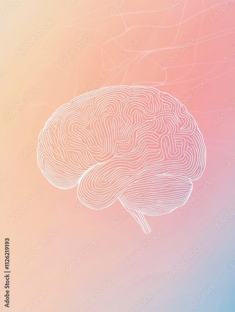 Poster A creative doodle of a human brain is portrayed with intricate white lines against a soft gradient backdrop, ideal for adding custom text. Generative AI