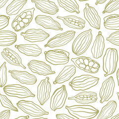Hand drawn monochrome cardamom seamless pattern. Simple spices design for culinary, botanical or holiday designs, highlighting spice, flavor and natural beauty, desserts, pastries