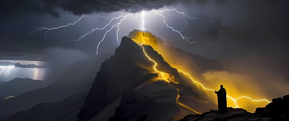 Oilpainting of the Ten Commandments being given to Moses on Mount Sinai the mountain shrouded in clouds and lightning with bold yellows and ominous grays