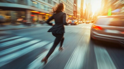 business woman hurry up and running in business city street for rush hour as motion blur