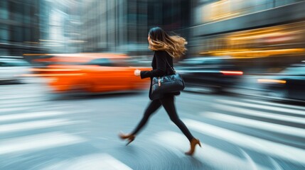 business woman hurry up and running in business city street for rush hour as motion blur