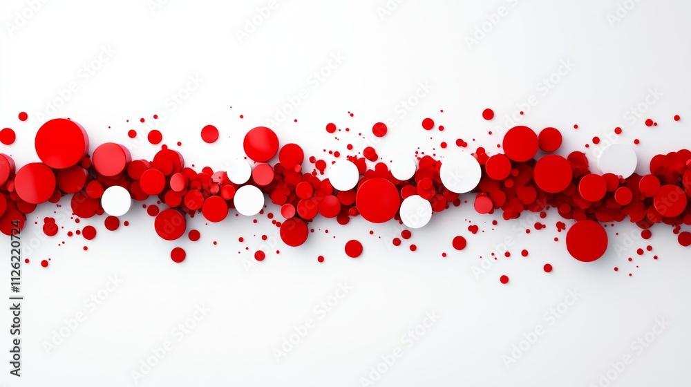 Poster red and white line of circles with red dots. the circles are arranged in a way that they look like t