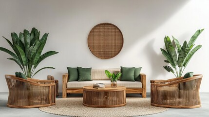 Rustic Balinese Inspired Living Room with Natural Wood Furniture and Lush Greenery