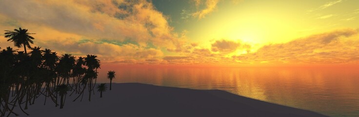 Beautiful beach with palm trees at sunset, panorama of a tropical landscape, sea sunset,
3d rendering