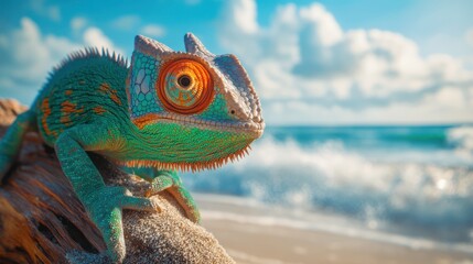 Obraz premium colorful chameleon on a beach with ocean waves
