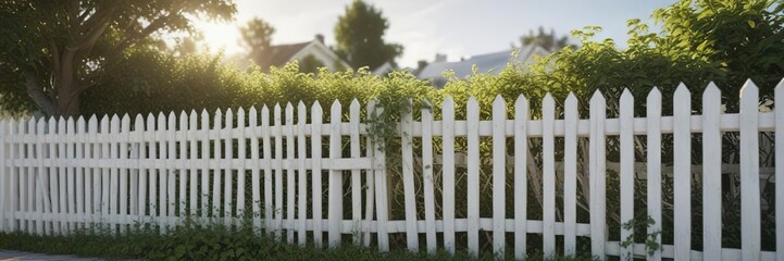 Fototapeta premium Old white picket fence covered in twisting vines, distressed, foliage, patterned