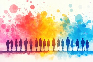 Rainbow people standing together against a colorful abstract background celebrating diversity and unity