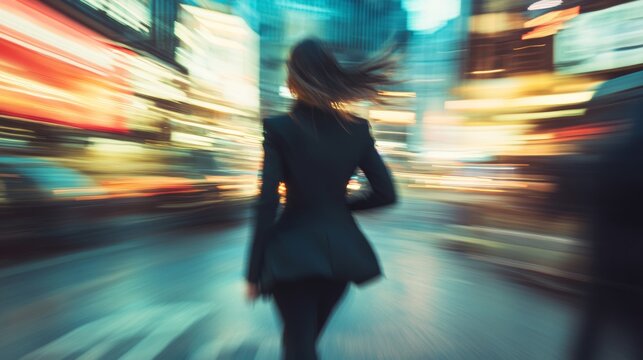 business woman hurry up and running in business city street for rush hour as motion blur