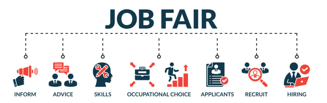 Banner of job fair web vector illustration concept with icons of inform, advice, skills, occupational choice, applicants, recruit, hiring