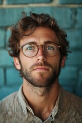 Fototapeta premium Thoughtful man with glasses poses against a blue brick wall in natural light