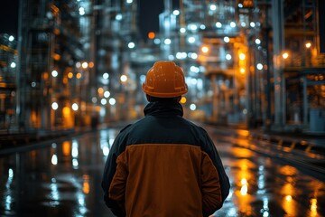 Construction worker observes industrial site illuminated by night lighting