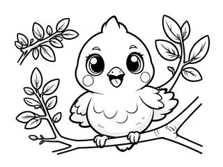 Fototapeta premium Adorable Baby Bird on Branch Coloring Page