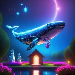 고요하고 빛나는 네온 밤하늘을 나는 거대한 기계 고래, 꽃이 핀 초원 위 따듯한 느낌의 오두막 집 일러스트