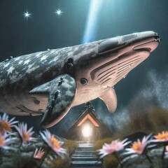 고요하고 빛나는 밤하늘을 나는 거대한 기계 고래, 꽃이 핀 초원 위 따듯한 느낌의 오두막 집 일러스트. 02