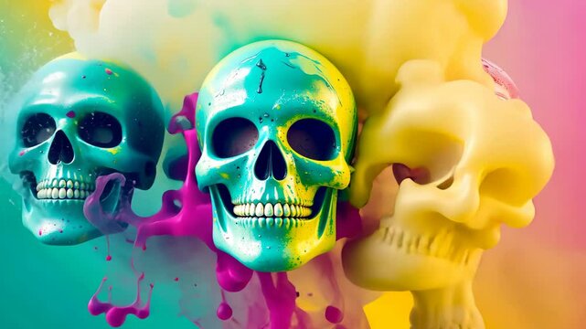 Multicolored skulls floating in colorful smoke